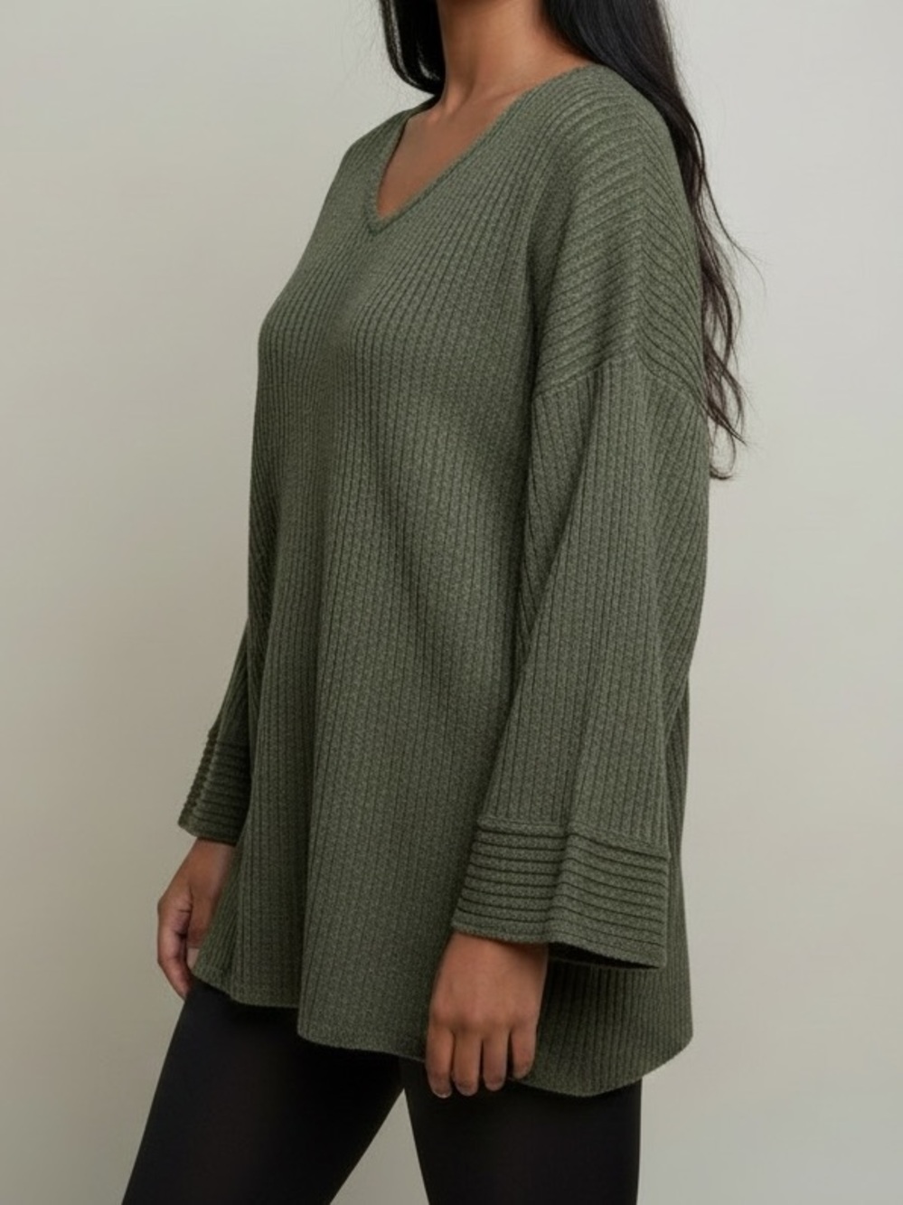 Cherish Olive Green Ribbed Oversized V-Neck Sweater - Fits Like Large